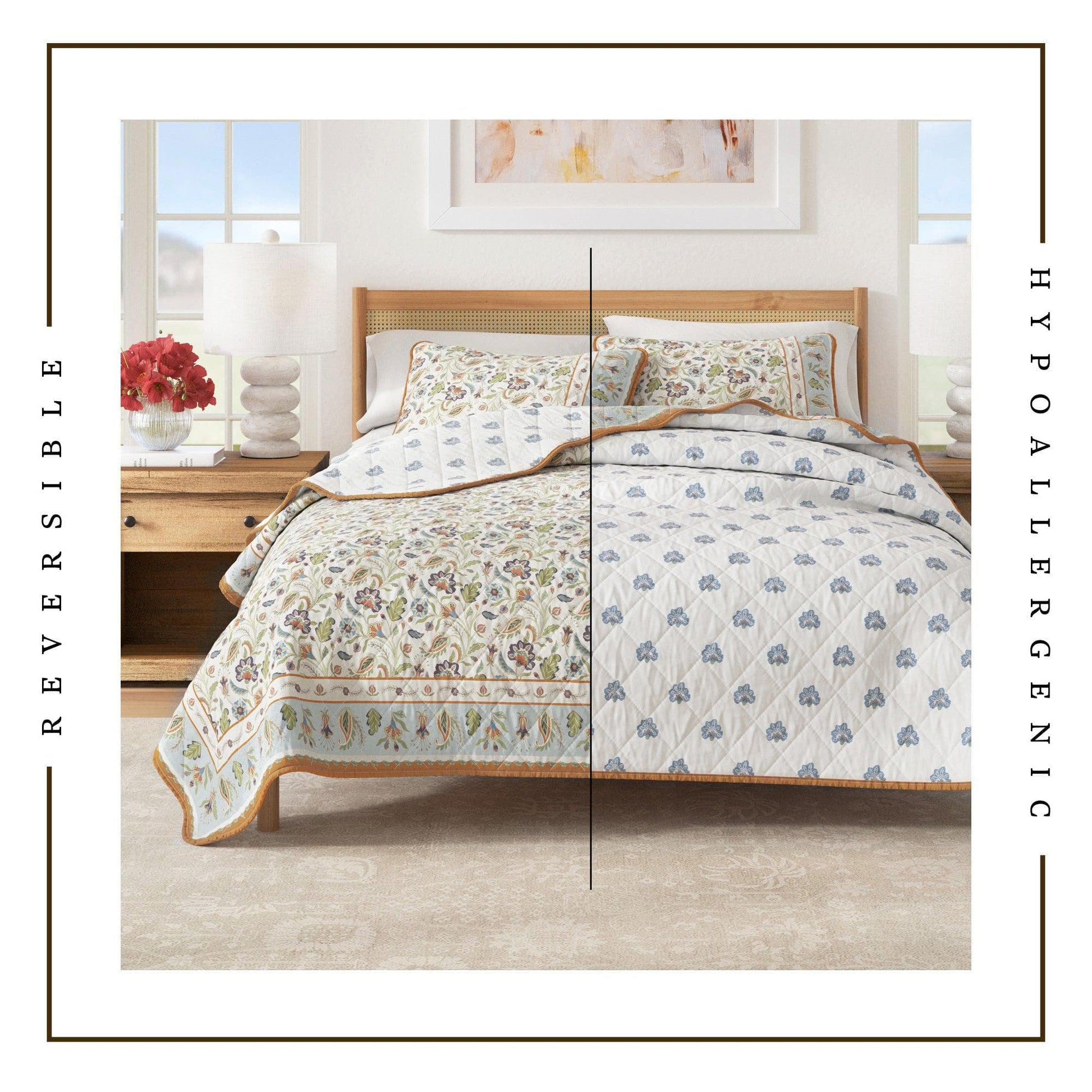 Sleep City Twin / Twin XL / Regal Garden - Ivory Quilts & Comforters Floral Boho Printed Cotton Quilt Set - Indira Collection Great Bay Home