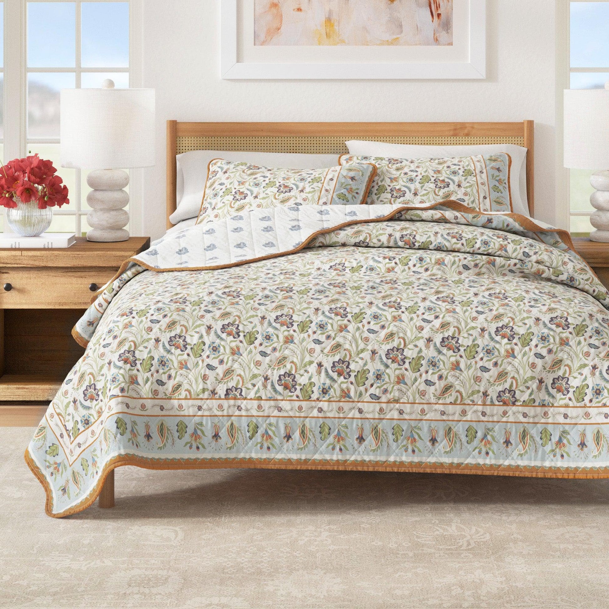 Sleep City Twin / Twin XL / Regal Garden - Ivory Quilts & Comforters Floral Boho Printed Cotton Quilt Set - Indira Collection Great Bay Home