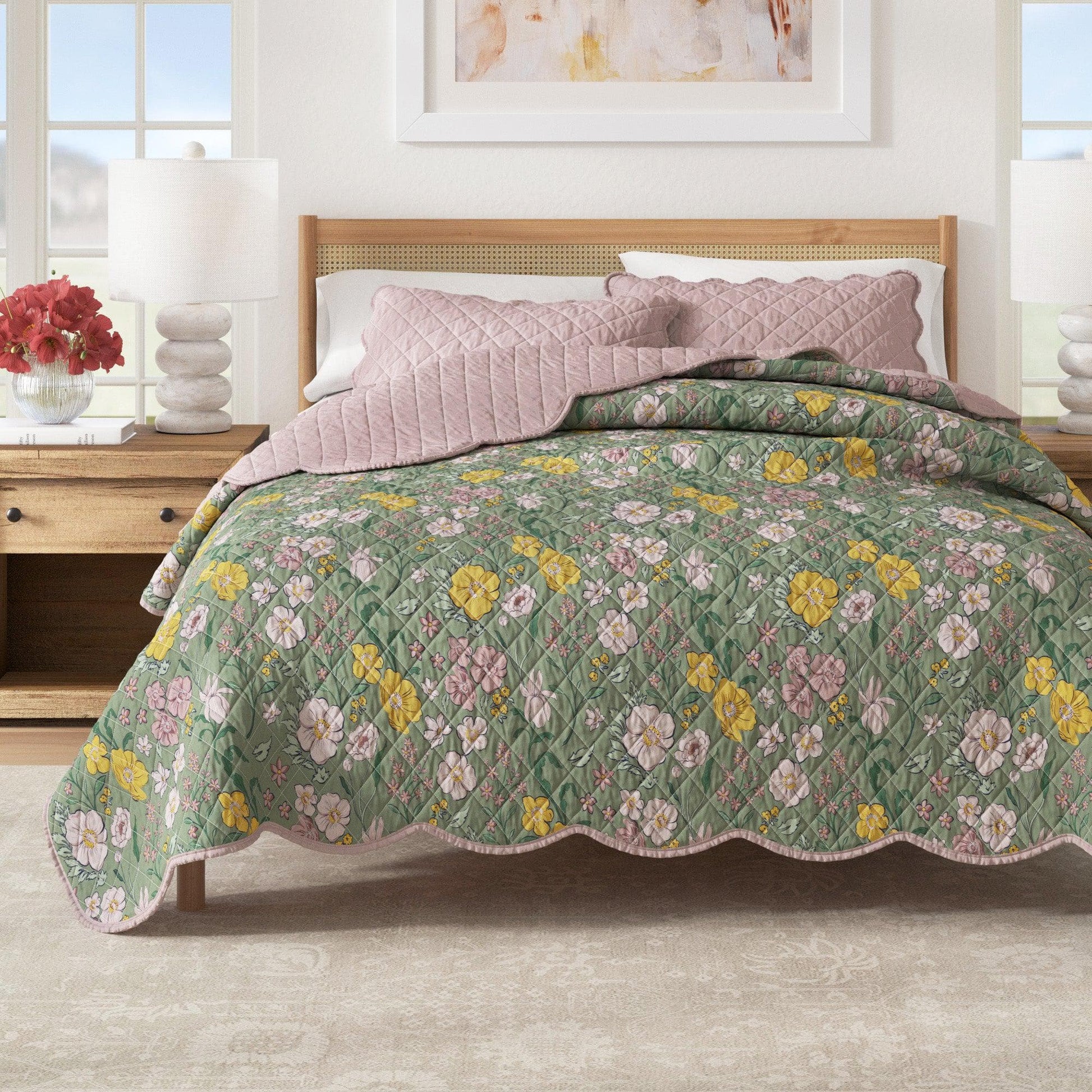 Sleep City Twin / Twin XL / Floral Dusk Quilts & Comforters Floral Print & Scalloped Edge Cotton Quilt Set - Gwen Collection Great Bay Home