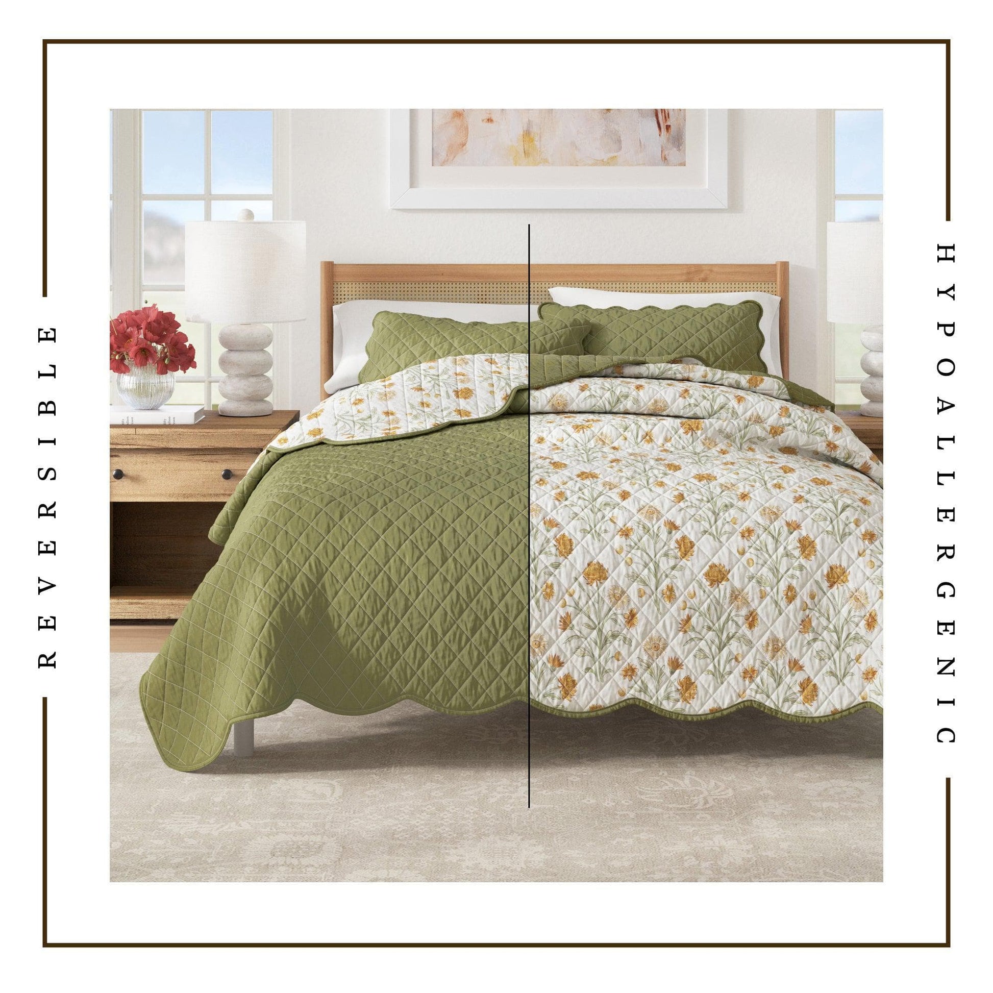 Sleep City King / Cal King / Morning Blossoms Quilts & Comforters Floral Print & Scallopeded Edge Cotton Quilt Set - Illiana Collection Great Bay Home