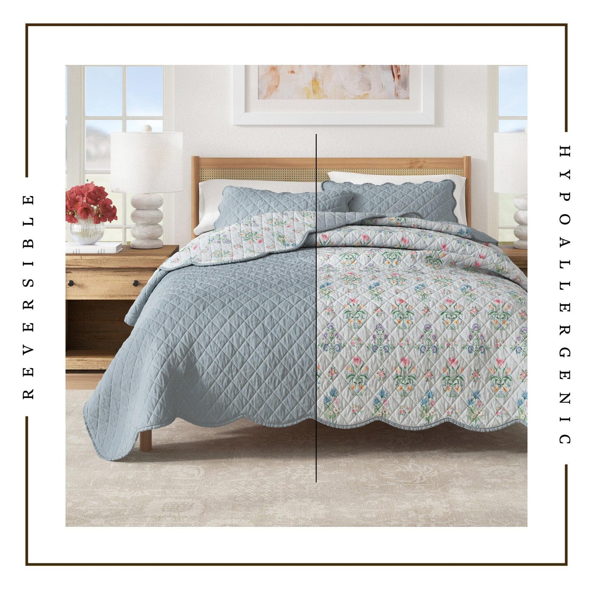 Sleep City King / Cal King / Thriving Flowers Quilts & Comforters Floral Print & Scallopeded Edge Cotton Quilt Set - Katrin Collection Great Bay Home