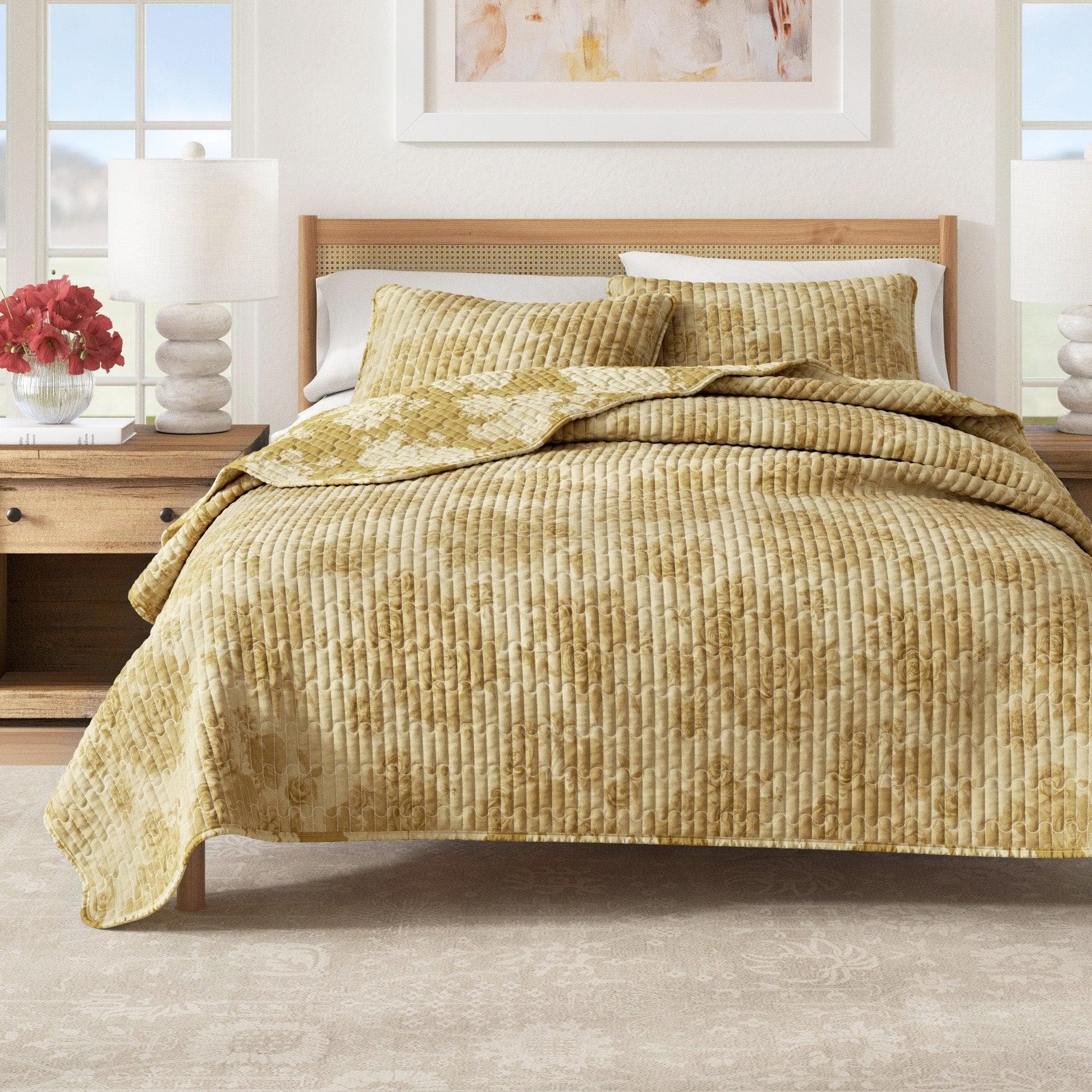 Sleep City Full / Queen / Gold Quilts & Comforters Floral Printed Cotton Quilt Set - Corin Collection Great Bay Home