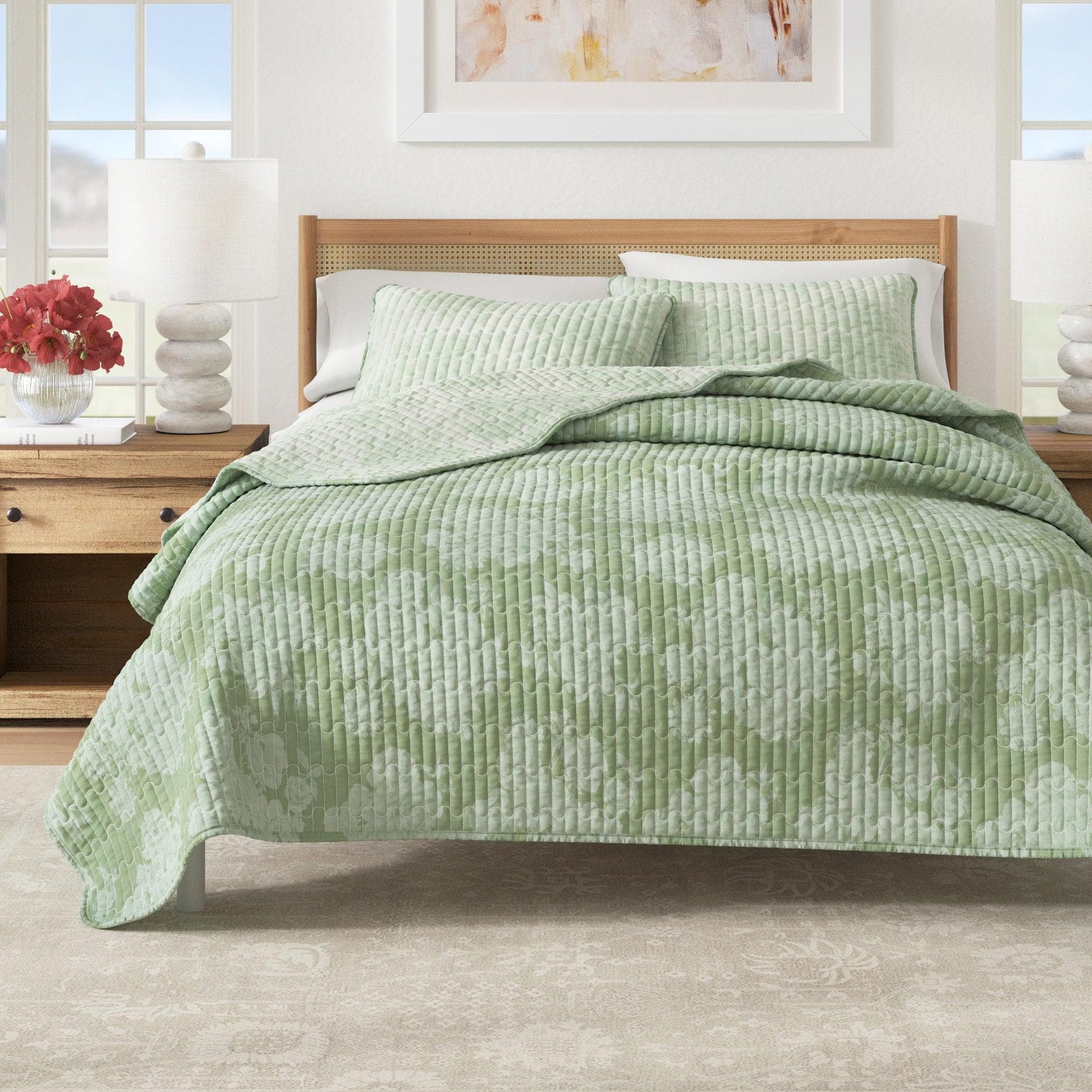 Sleep City Full / Queen / Eucalyptus Quilts & Comforters Floral Printed Cotton Quilt Set - Corin Collection Great Bay Home