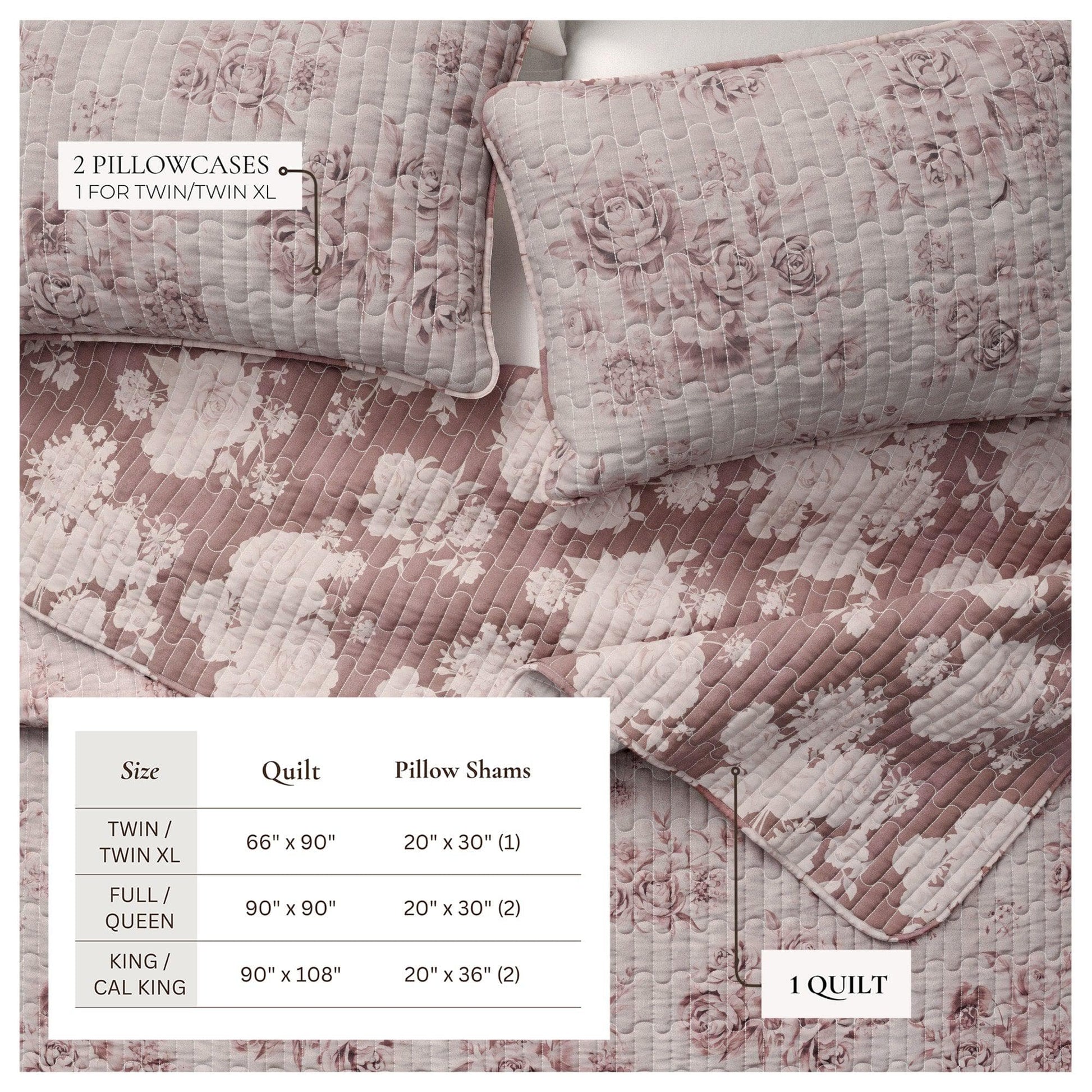 Sleep City Twin / Twin XL / Dusty Rose Quilts & Comforters Floral Printed Cotton Quilt Set - Corin Collection Great Bay Home