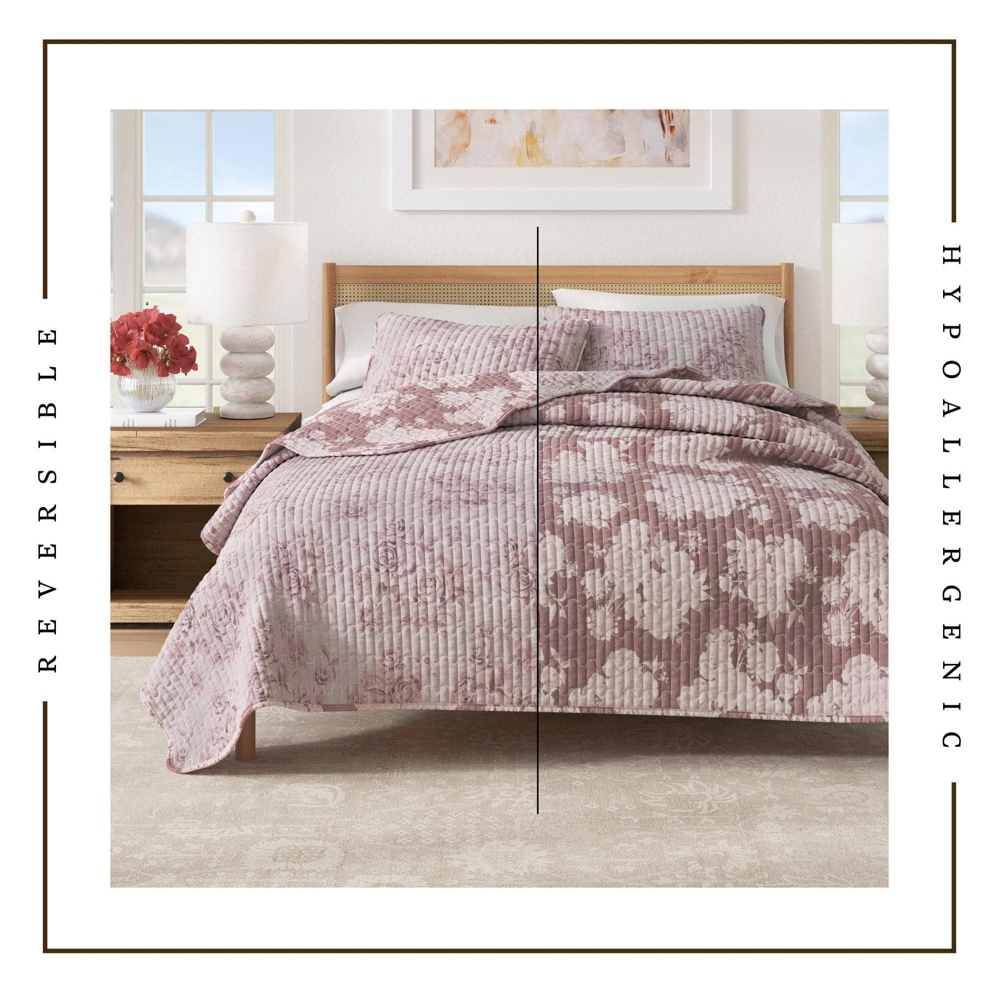 Sleep City Twin / Twin XL / Dusty Rose Quilts & Comforters Floral Printed Cotton Quilt Set - Corin Collection Great Bay Home