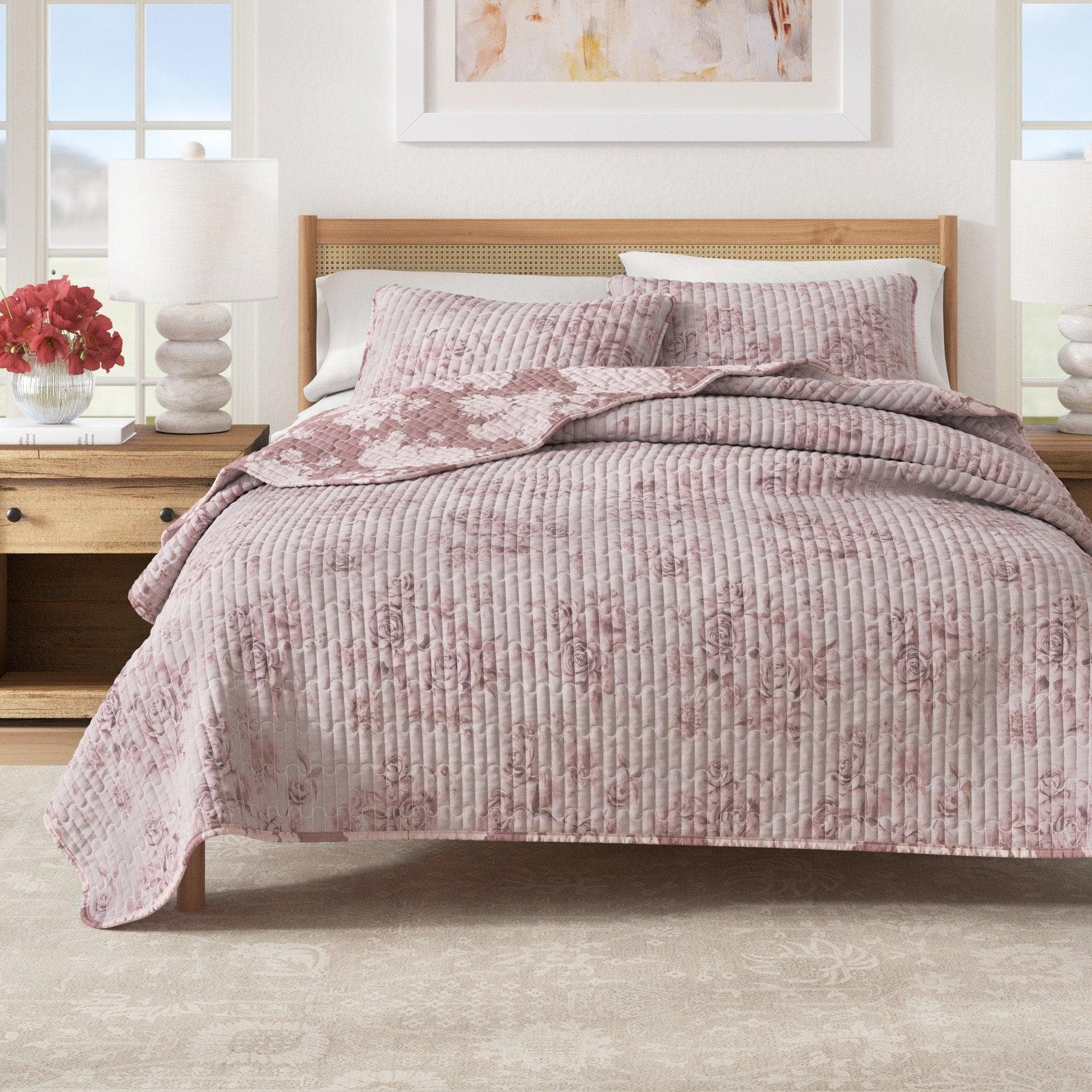 Sleep City Twin / Twin XL / Dusty Rose Quilts & Comforters Floral Printed Cotton Quilt Set - Corin Collection Great Bay Home