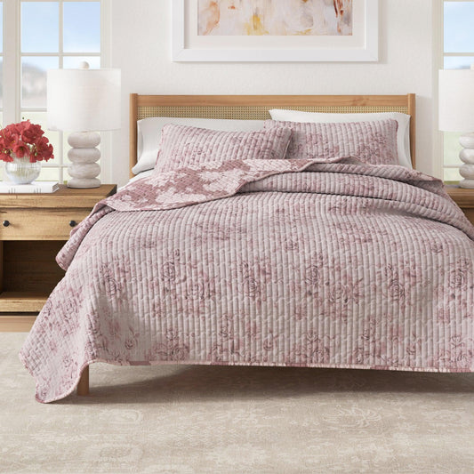 Sleep City Twin / Twin XL / Dusty Rose Quilts & Comforters Floral Printed Cotton Quilt Set - Corin Collection Great Bay Home