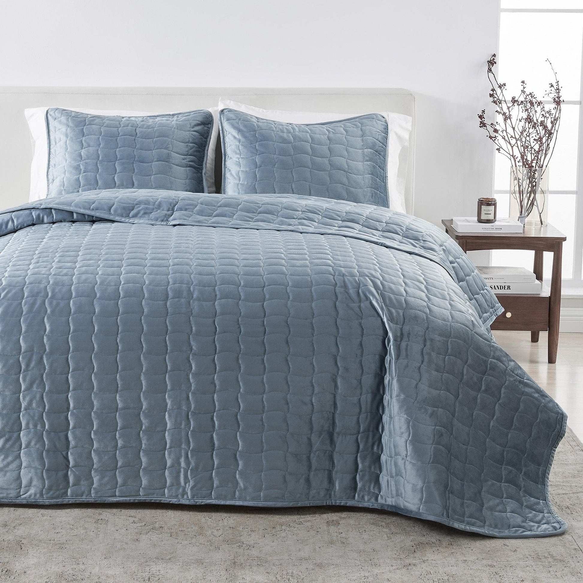 Sleep City Twin / Twin XL / Steel Blue Quilts & Comforters Velvet Box-Stitched Quilt Set - Vivica Collection Great Bay Home