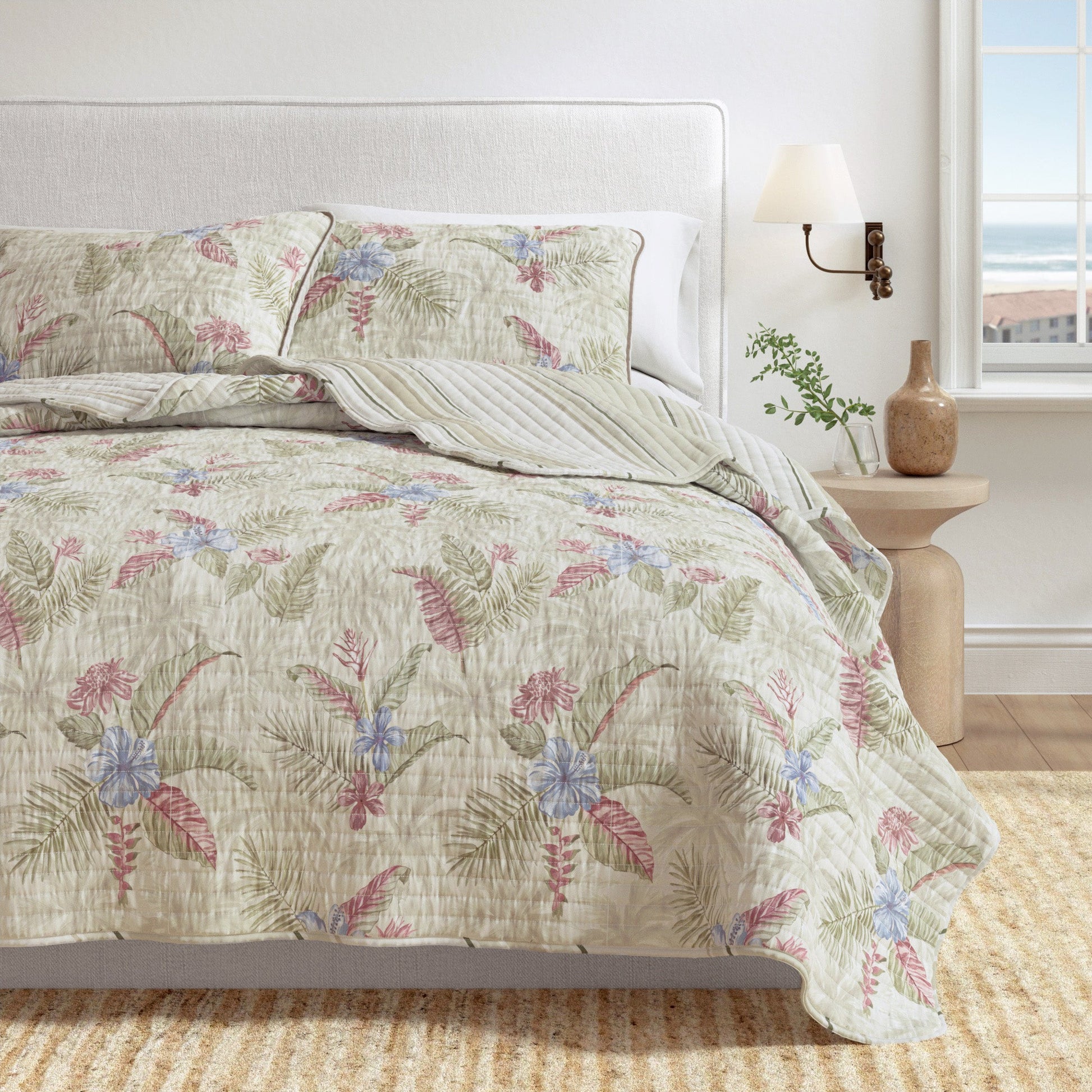 Sleep City Twin / Twin XL / Sand Floral Quilts & Comforters Floral Printed Cotton Quilt Set - Mendocino Collection Great Bay Home