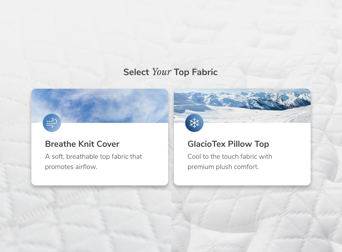 Two fabric options for a mattress cover with mountain landscape background