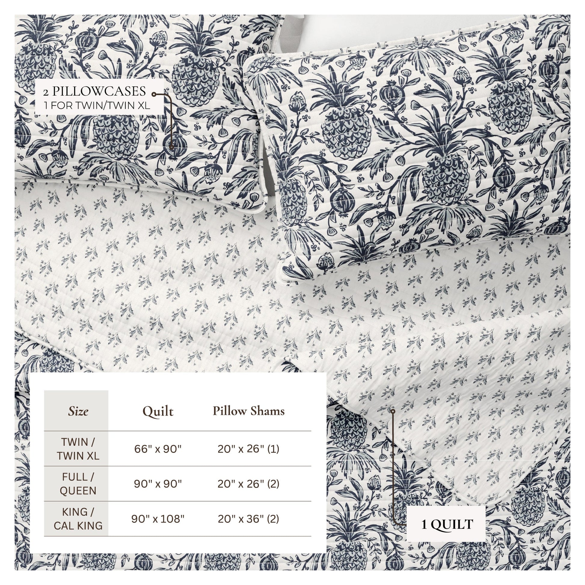 Sleep City Twin / Twin XL / Pineapple Grove - Off White/Navy Quilts & Comforters Coastal Printed Cotton Quilt Set - Bernice Collection Great Bay Home