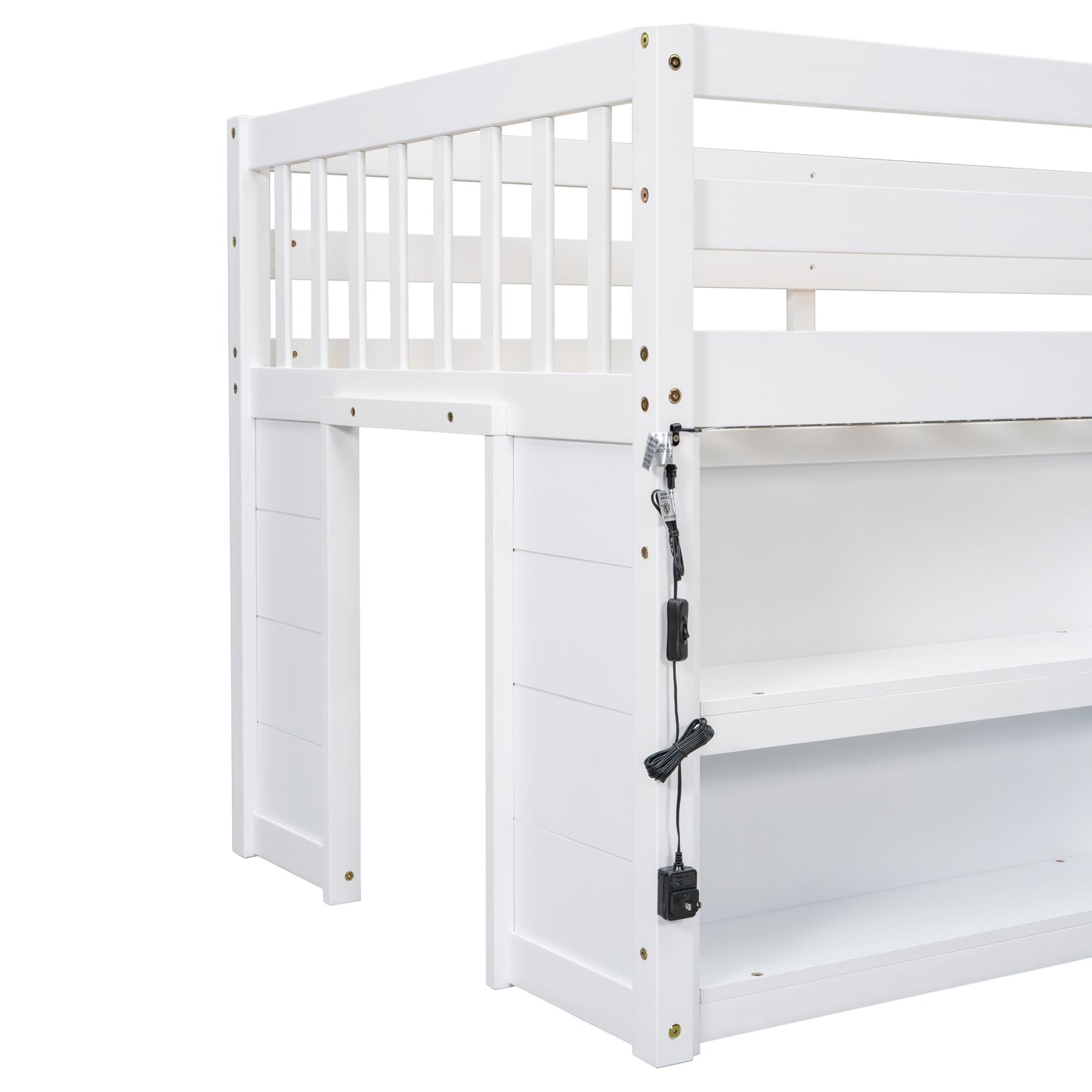 White wooden bunk bed with ladder on a white background