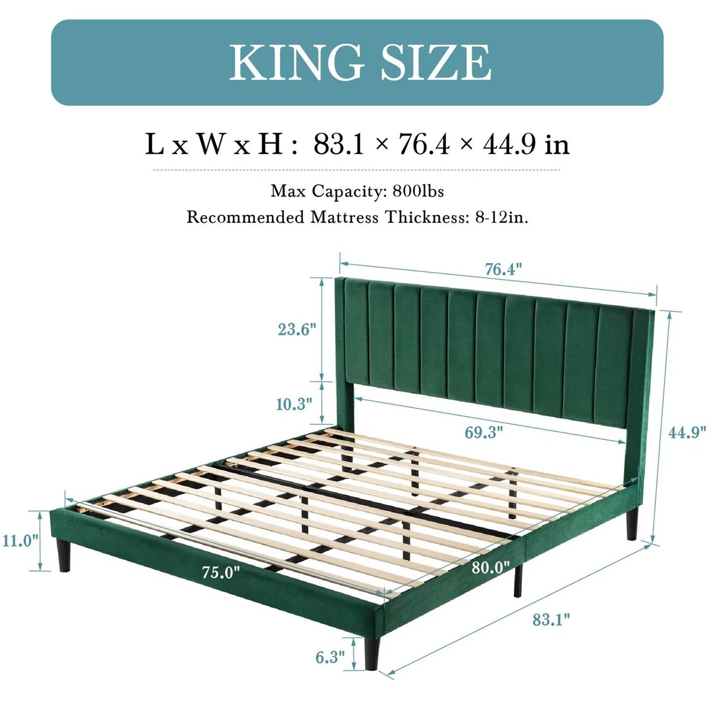 King size bed frame with dimensions on a white background