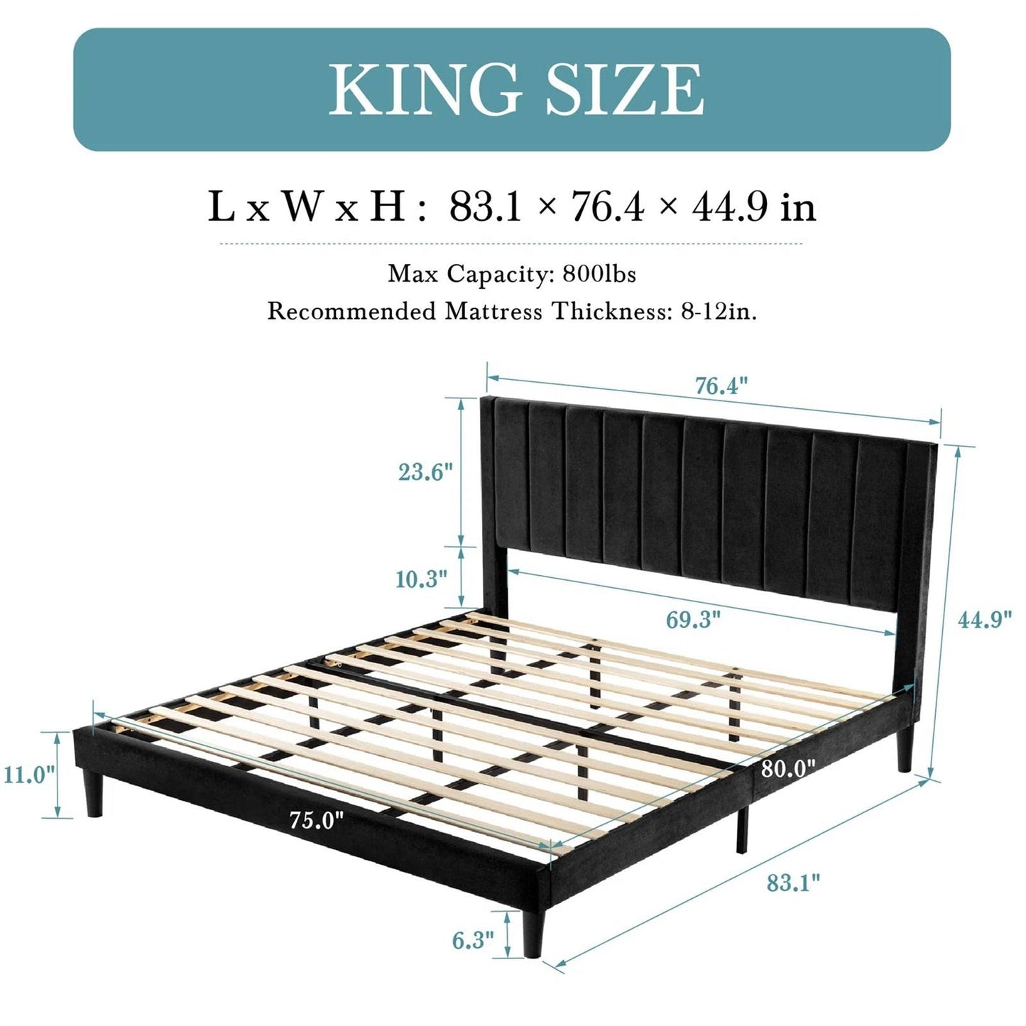 King size bed frame with dimensions and specifications on a white background