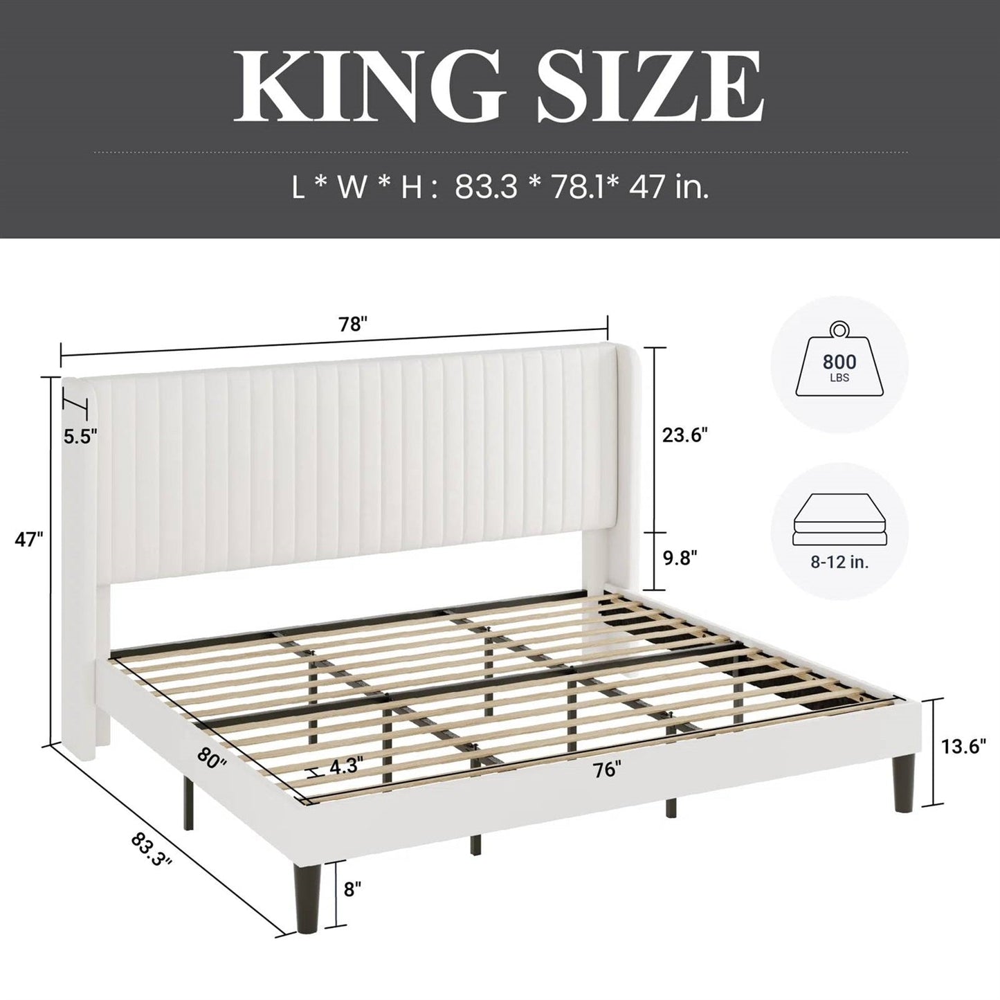 King size bed frame with dimensions on a white background