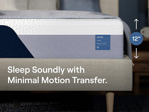 Nectar mattress on a bed with text highlighting minimal motion transfer.