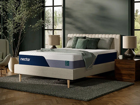 Nectar mattress in a bedroom setting with decor elements.