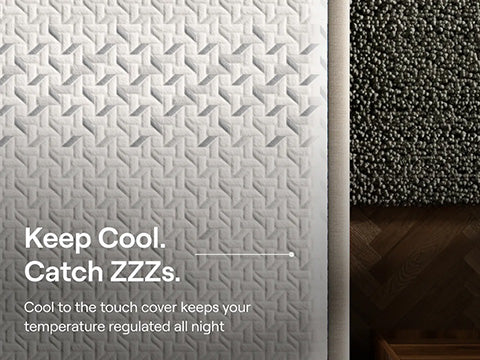 Textured surface with embossed pattern and promotional text about temperature regulation.