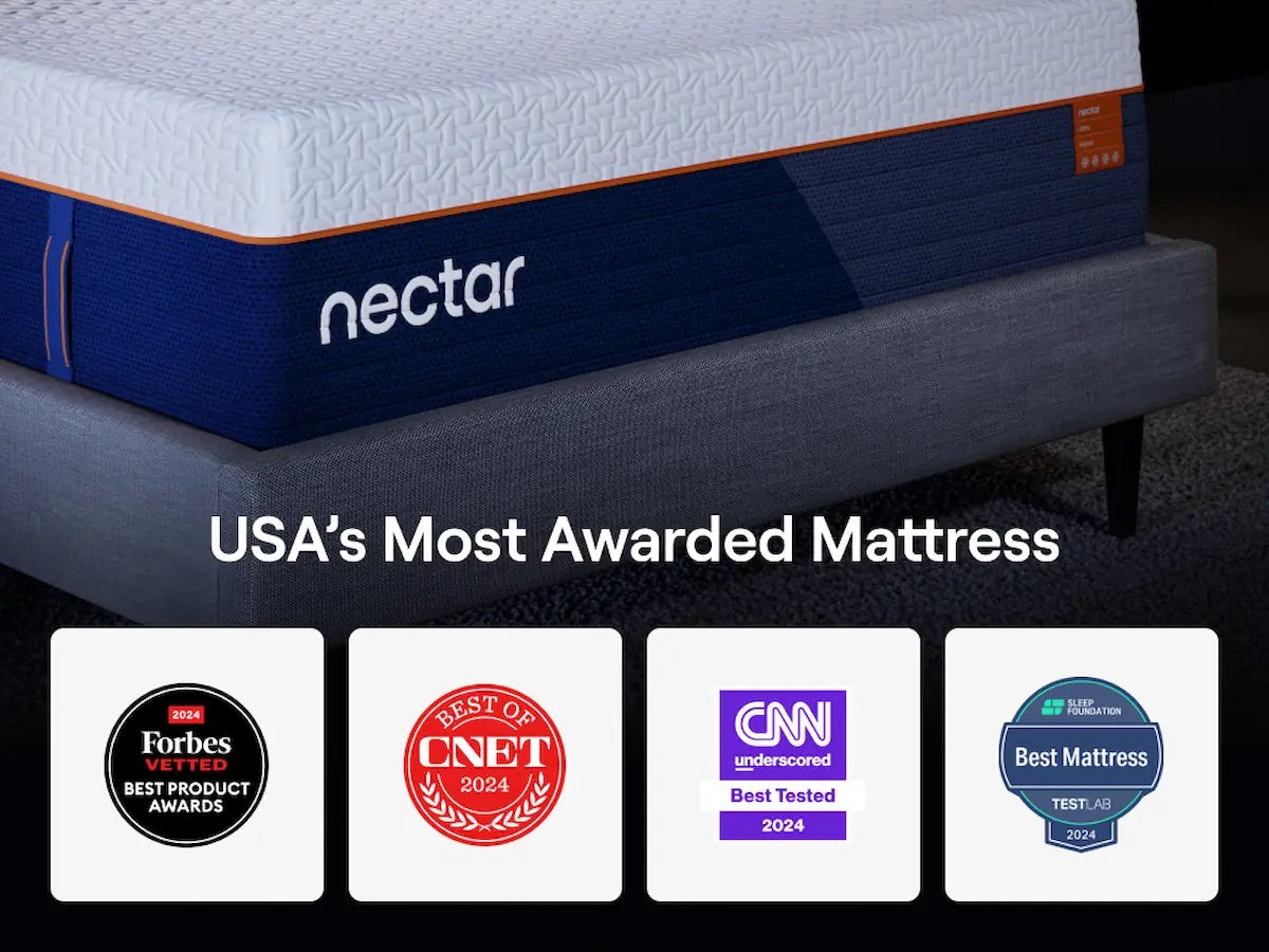 Nectar mattress with awards displayed below on a dark background