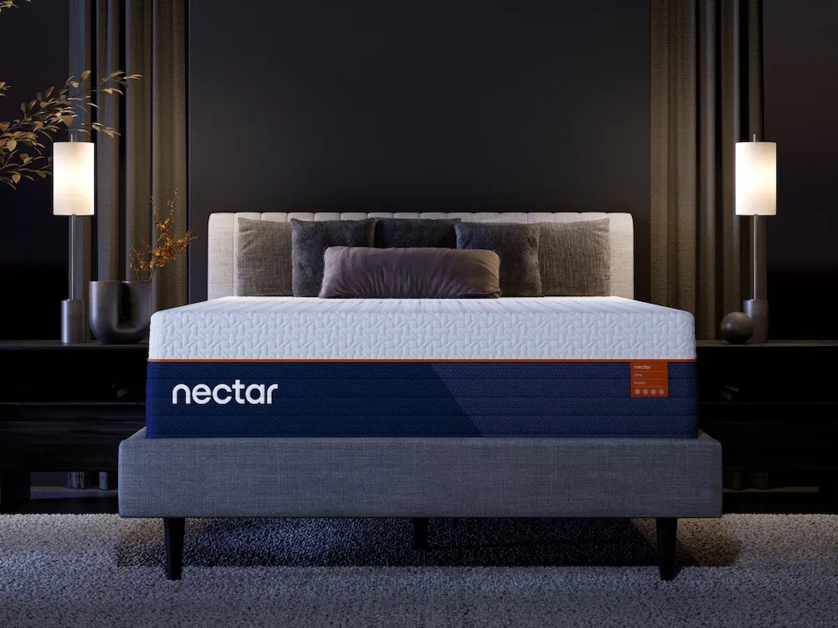 Nectar mattress on a bed in a darkly decorated room