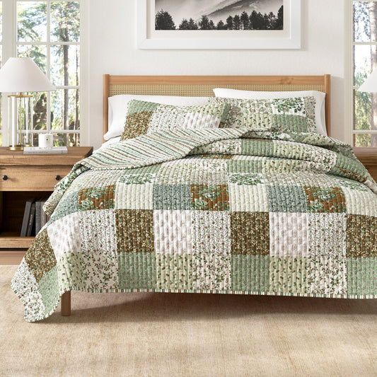 Sleep City Twin / Twin XL / Floral Grid - Brown Quilts & Comforters Floral Patchwork Quilt Set - Damia Collection Great Bay Home