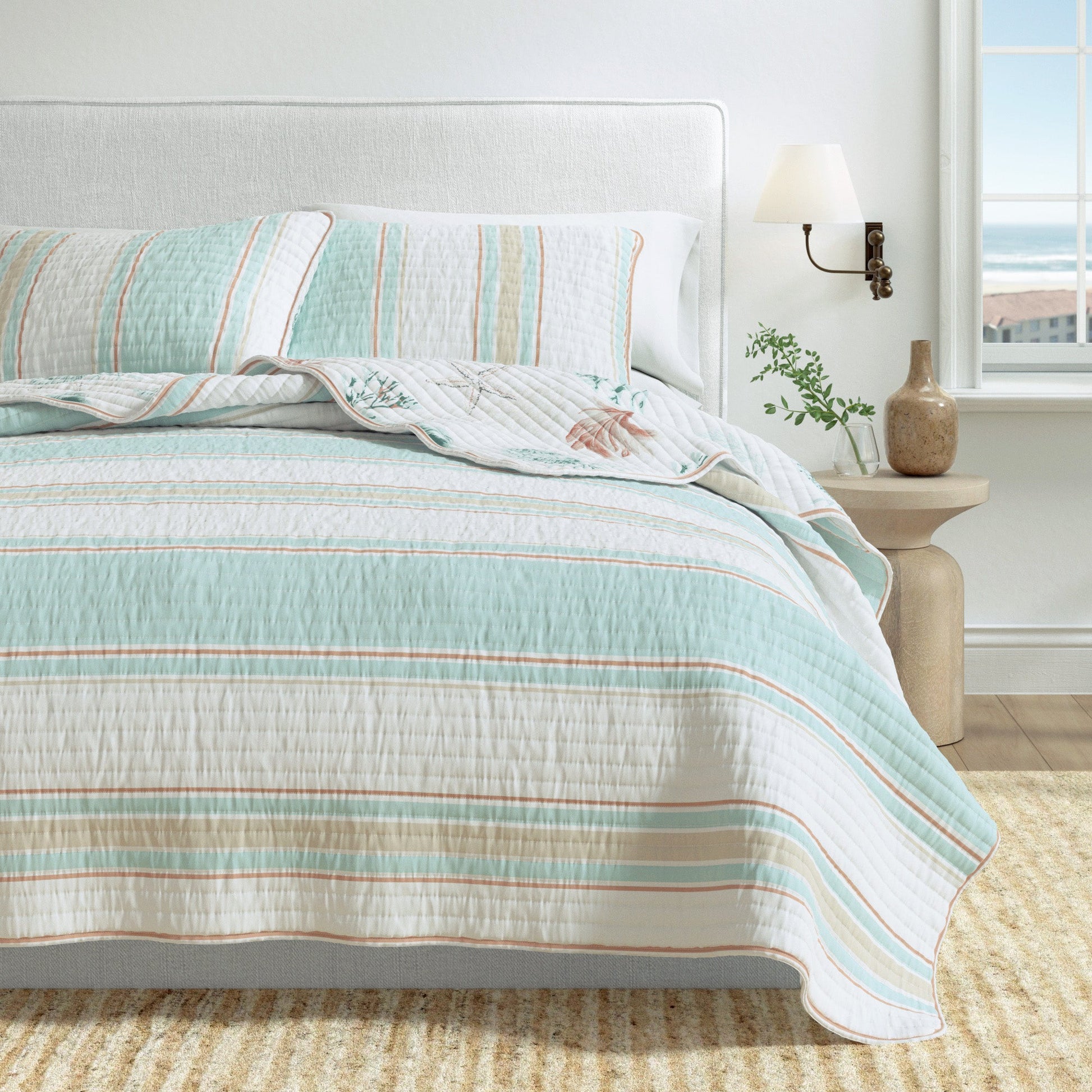 Sleep City Twin / Twin XL / Flag Stripe / Kelp Breeze Quilts & Comforters Coastal Printed Cotton Quilt Set - St. Augustine Collection Great Bay Home