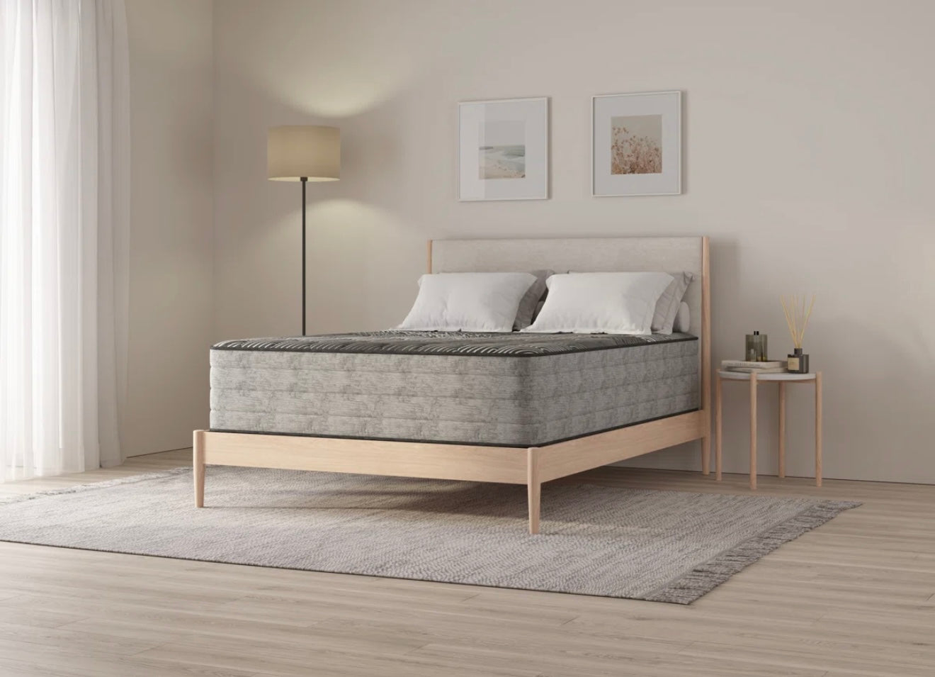 Bed with mattress in a minimalistic bedroom setting