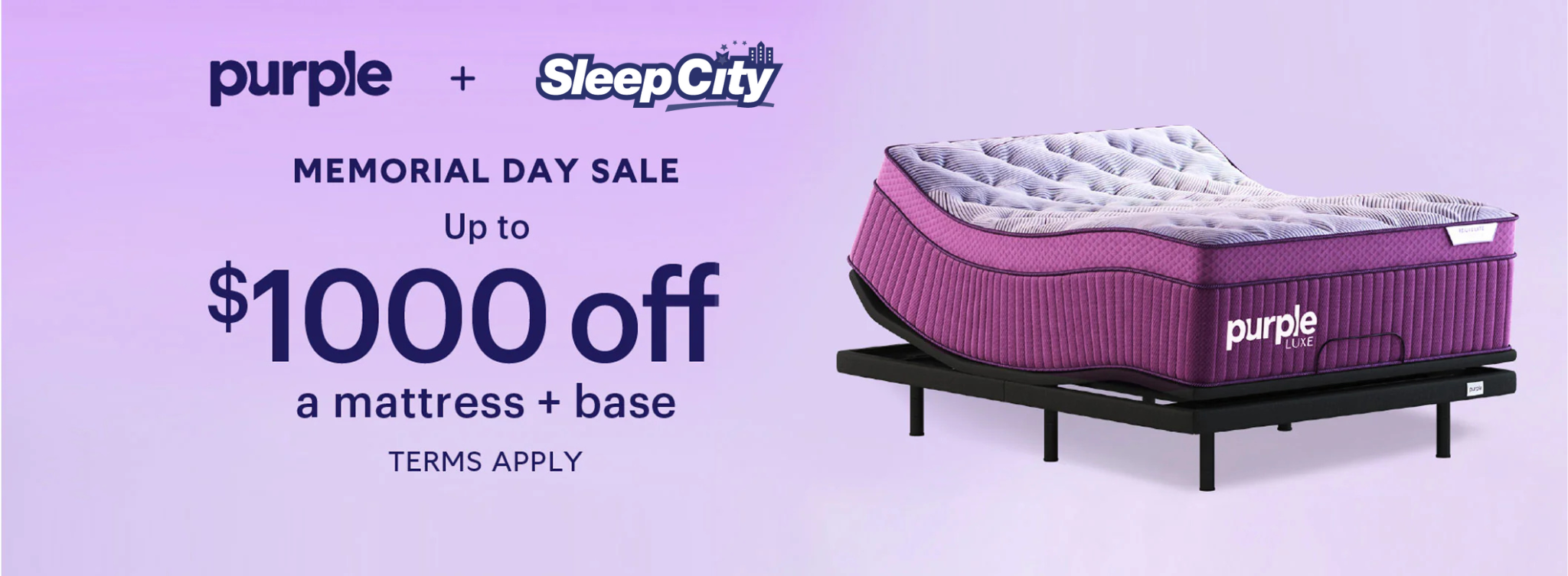 memorial day ad for up to $1000 off Purple brand mattress sets