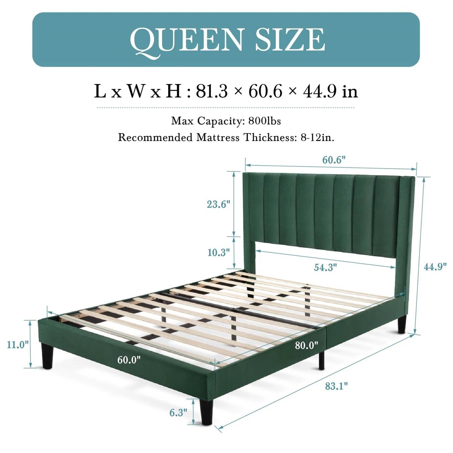 Queen size velvet platform bed frame with dimensions on a white background