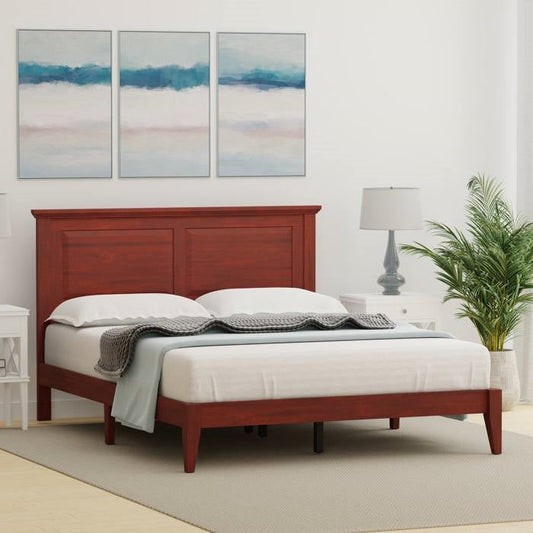 Queen oak wood platform bed frame and luxury linens in decorated room