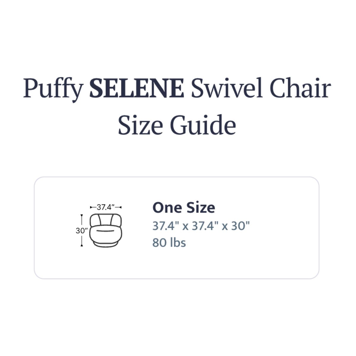 Puffy SELENE Swivel Chair size guide with dimensions and weight on a white background