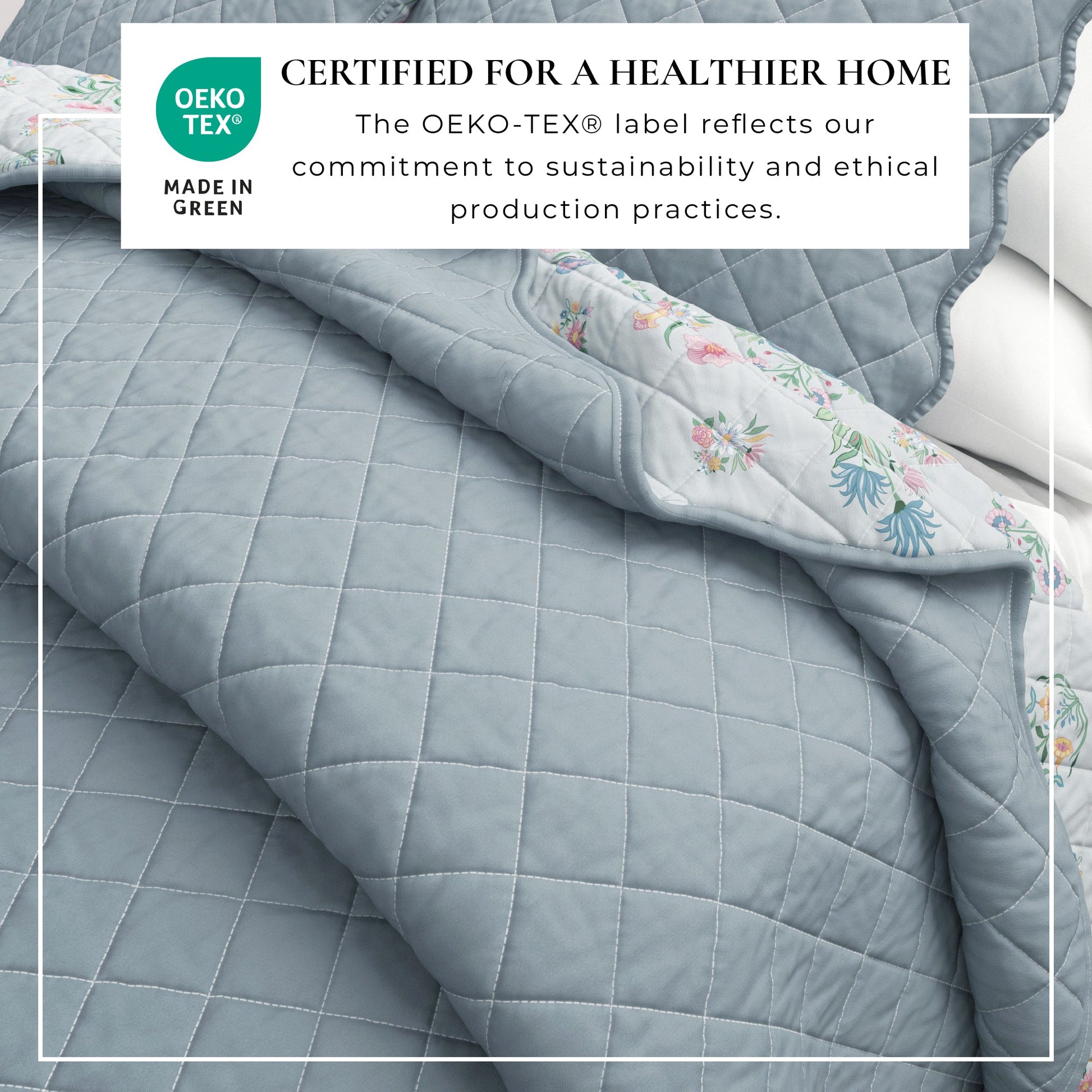 Sleep City King / Cal King / Thriving Flowers Quilts & Comforters Floral Print & Scallopeded Edge Cotton Quilt Set - Katrin Collection Great Bay Home