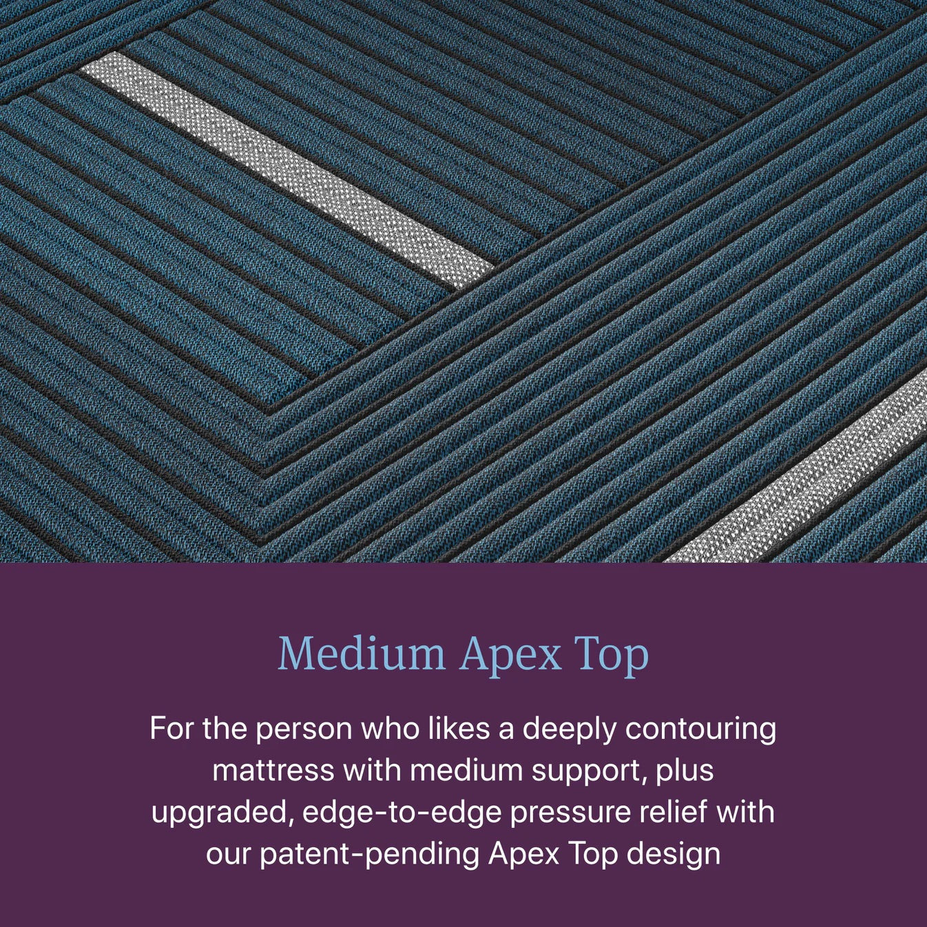 Text description of a mattress with medium Apex Top design on a blue background