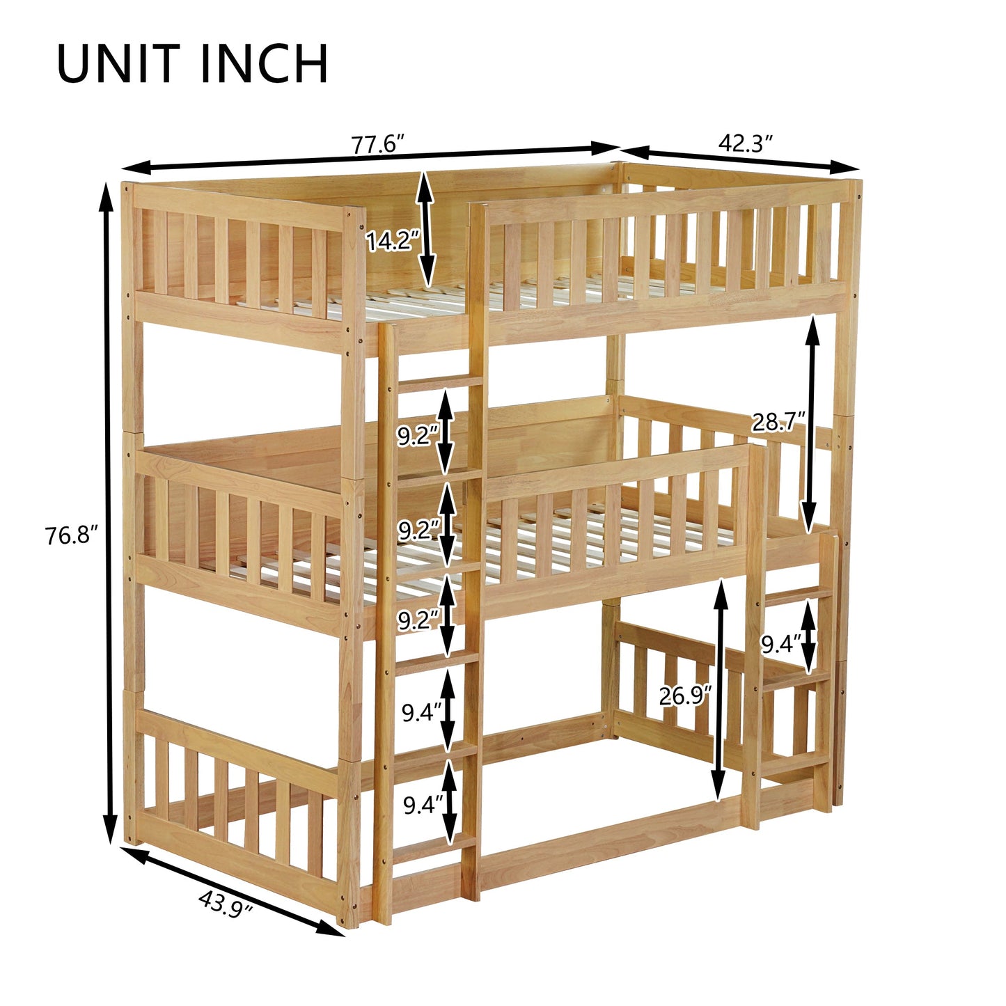 Triple twin wood bed frame dimensions
