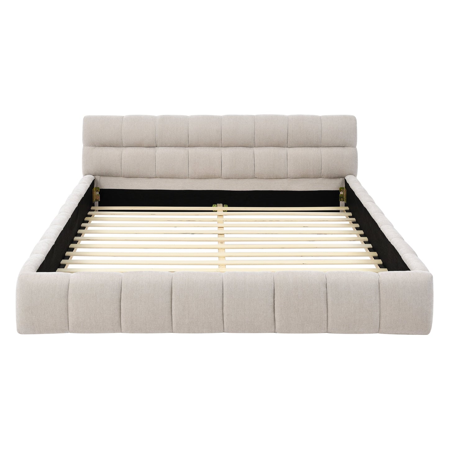 Beige upholstered bed frame with wooden slats on a white background