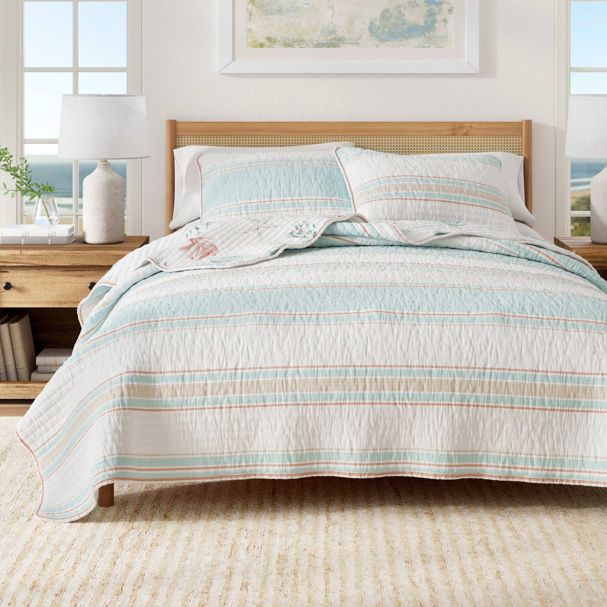 Sleep City Twin / Twin XL / Flag Stripe / Kelp Breeze Quilts & Comforters Coastal Printed Cotton Quilt Set - St. Augustine Collection Great Bay Home