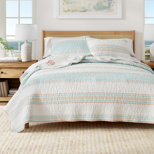 Sleep City Twin / Twin XL / Flag Stripe / Kelp Breeze Quilts & Comforters Coastal Printed Cotton Quilt Set - St. Augustine Collection Great Bay Home