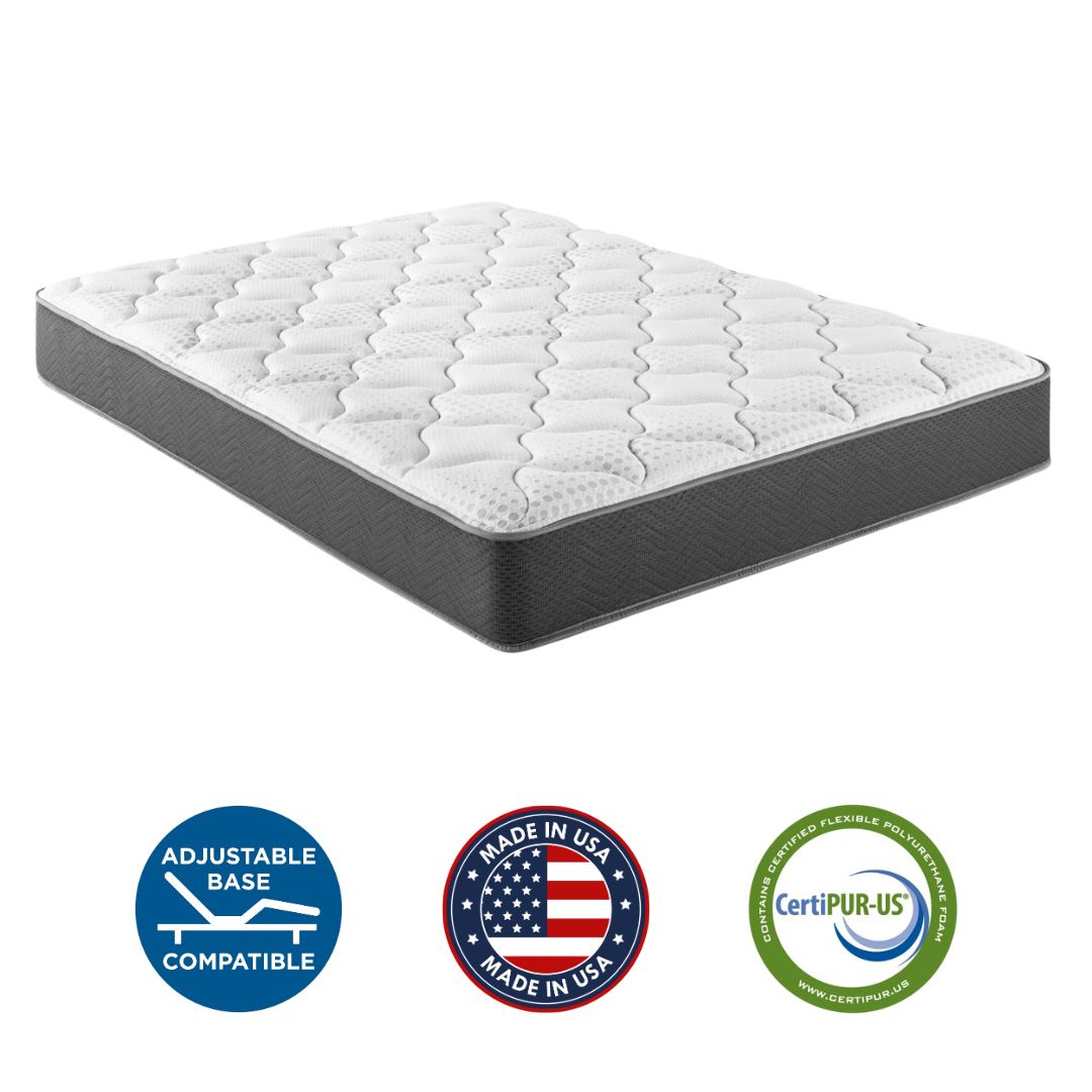 Mattress with CertiPUR-US, Made in USA, and Adjustable Base compatible logos on a white background