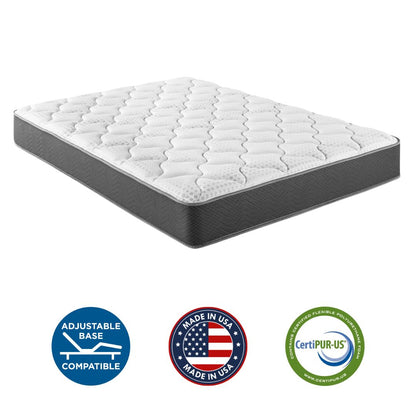 Mattress with CertiPUR-US, Made in USA, and Adjustable Base compatible logos on a white background