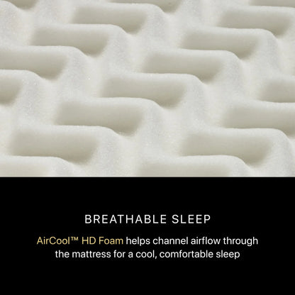 Close-up of breathable sleep mattress with text about AirCool HD Foam.