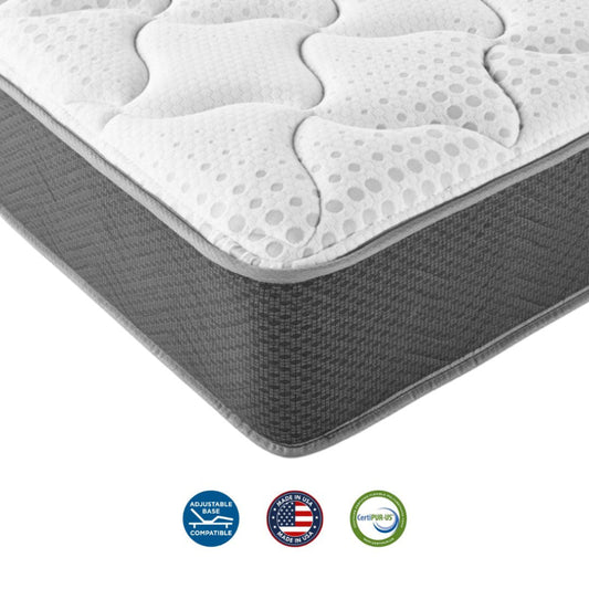 Gray and white mattress with certification logos on a white background