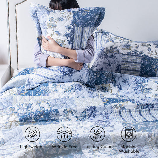 Sleep City Twin Kasentex Vintage Blue Patchwork Floral Quilt Set - All Season Bedding, Room Decor, Graduation Gifts Kasentex