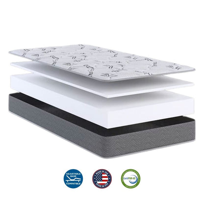 Mattress with visible layers and certifications on a white background