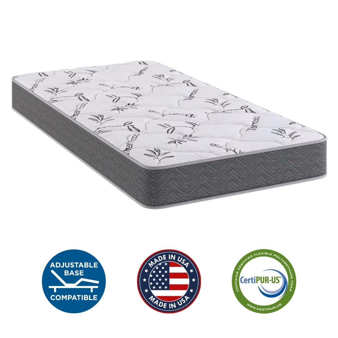 Mattress with CertiPUR-US, Made in USA, and Adjustable Base compatible logos on a white background