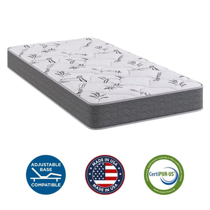 Mattress with CertiPUR-US, Made in USA, and Adjustable Base compatible logos on a white background