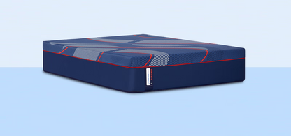 Blue mattress with red accents on a light blue background