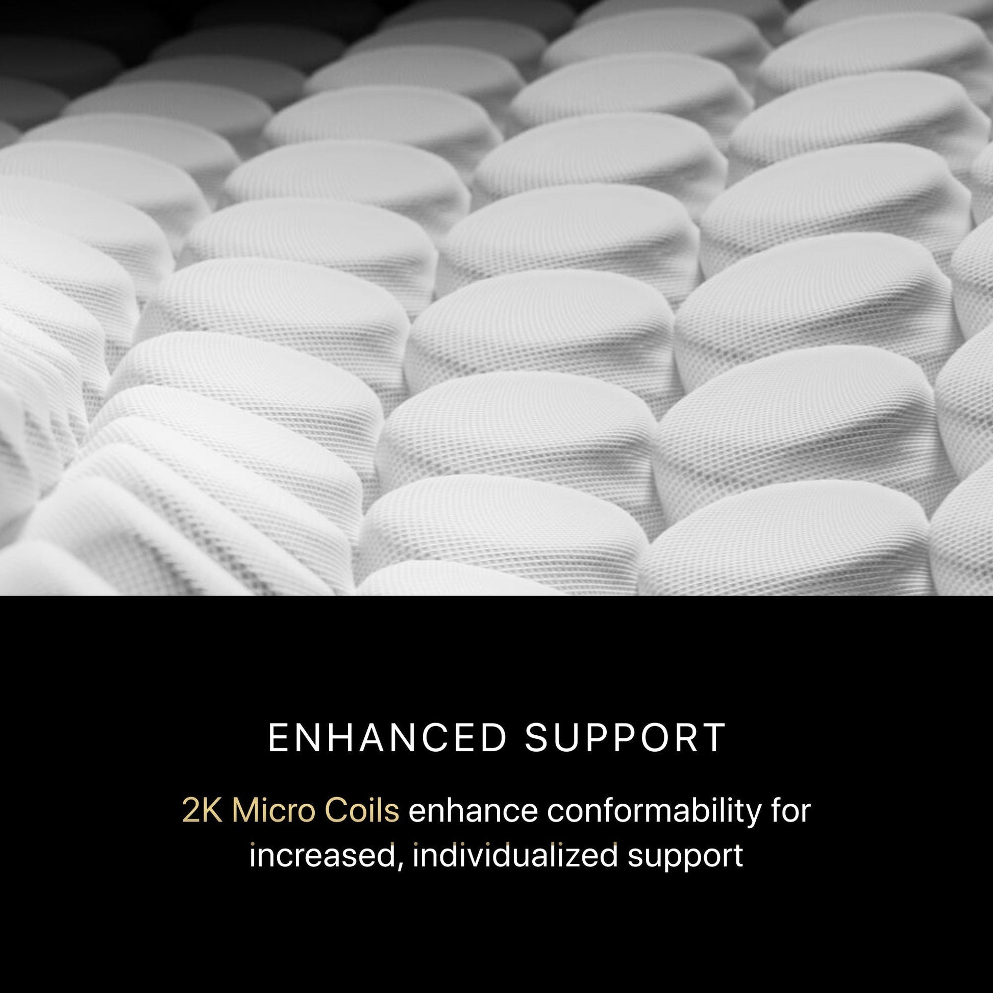 Close-up of white mattress coils with text about enhanced support and micro coils.