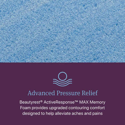 Text about Beautyrest ActiveResponse MAX Memory Foam on a blue and purple background with a logo.