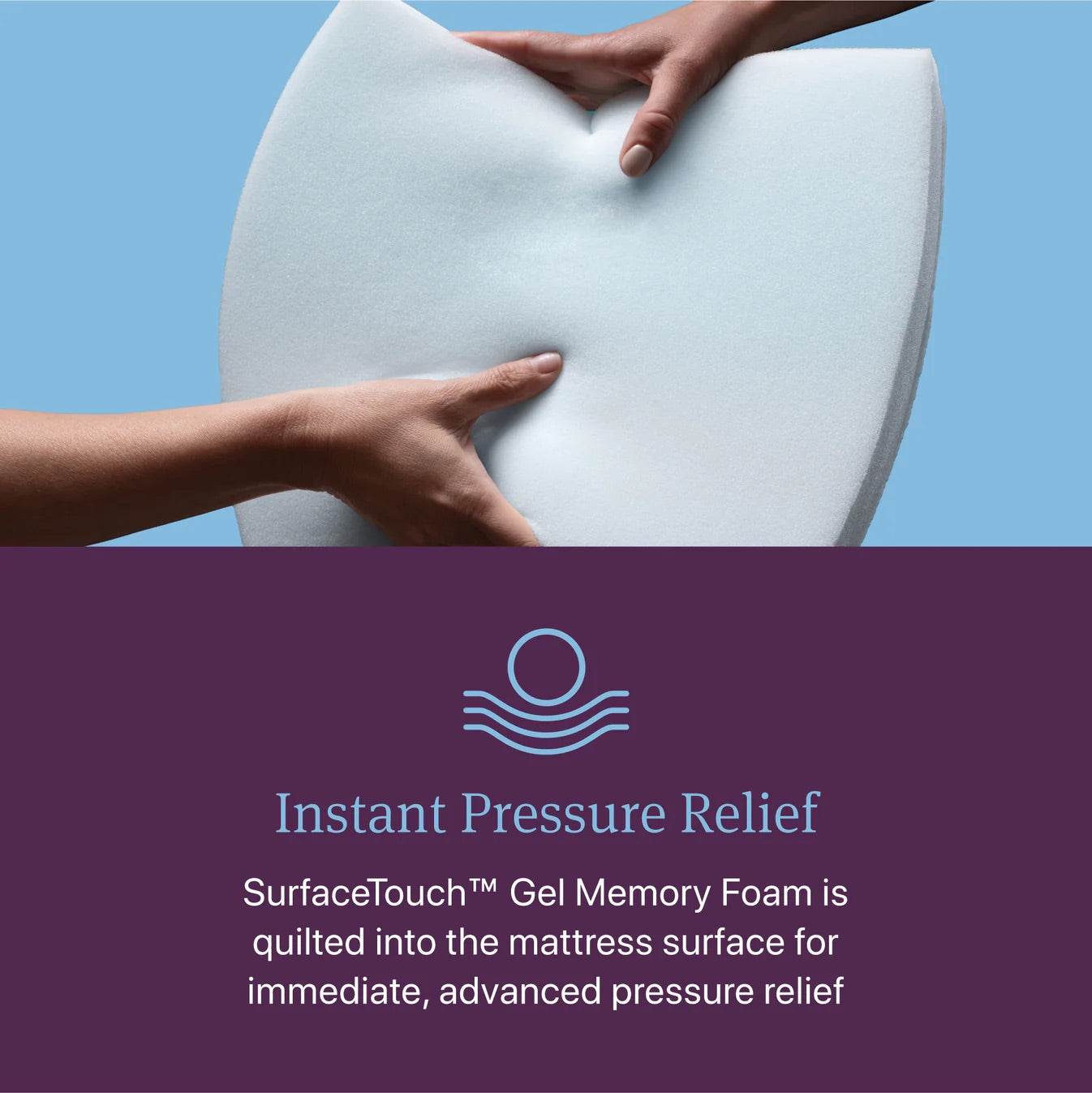 Hands pressing into a mattress surface with 'Instant Pressure Relief' text and logo.