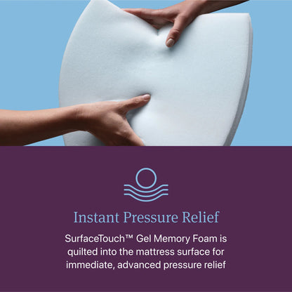 Hands pressing into a mattress surface with 'Instant Pressure Relief' text and logo.